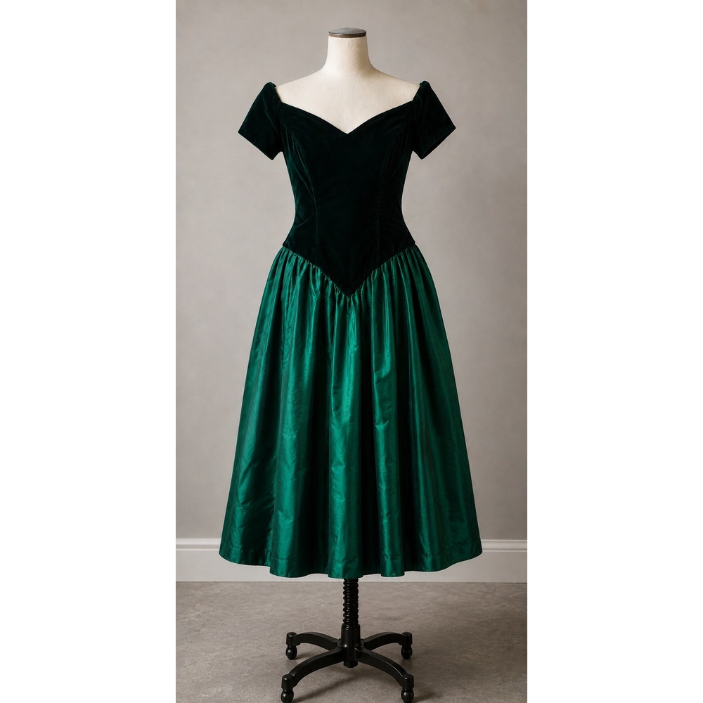 Vintage 80s Loralie Dress Small Velvet Emerald Taffeta Basque Waist Formal Gown